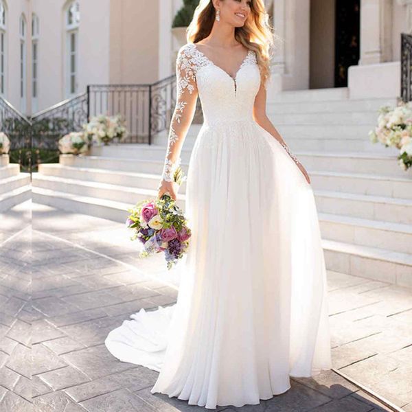 2023 lace wedding dresses sheer neck applique a line long sleeves vintage bridal gowns illusion back bridal dresses, White
2023 lace wedding dresses sheer neck applique a line long sleeves vintage bridal gowns illusion back bridal dresses, White