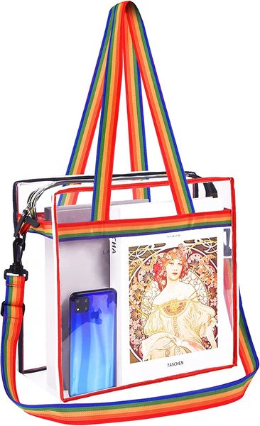 clear bag shoulder straps and zippered transparent tote purses rainbow handle for work school sports games and concerts
clear bag shoulder straps and zippered transparent tote purses rainbow handle for work school sports games and concerts