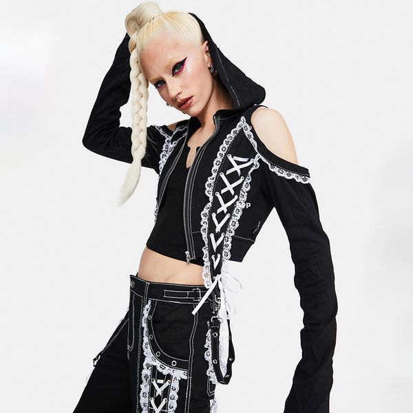 women's hoodies gothic punk zip up hoodie cut out cold shoulder long sleeve y2k grunge clothes bandage cropped jackets, Black
women's hoodies gothic punk zip up hoodie cut out cold shoulder long sleeve y2k grunge clothes bandage cropped jackets, Black