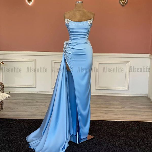 light blue prom dress mermaid strapless pearls saudi arabic evening party gowns for formal 2022 vestidos de gala, Black
light blue prom dress mermaid strapless pearls saudi arabic evening party gowns for formal 2022 vestidos de gala, Black