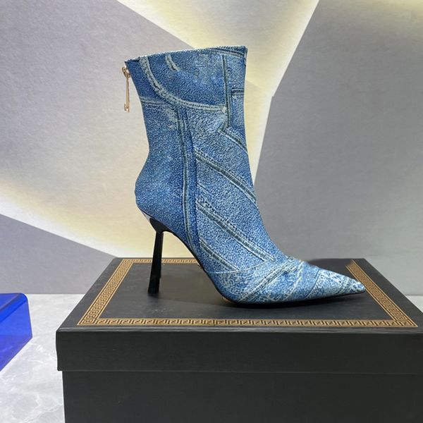 medusa denim ankle boots fashion designer printing mixed colors 10cm high heel shoes classic metal buckle stiletto boot back zipper women bo, Black
medusa denim ankle boots fashion designer printing mixed colors 10cm high heel shoes classic metal buckle stiletto boot back zipper women bo, Black