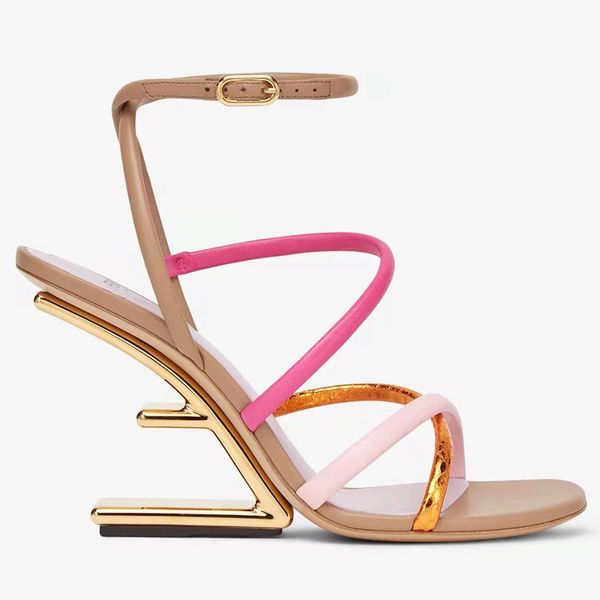 Image of High-Heeled Shoes Sandals Leather Sandal Shoes Summer First Sculpted High F Heel Open Toes Thin Double Twisted Bands Ankle-Strap Lambskin Luxury Designer