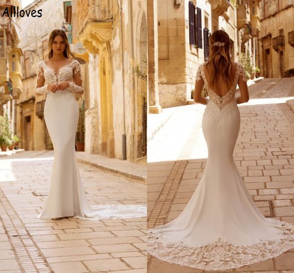 modern long sleeves mermaid wedding dresses elegant satin lace appliqued court train boho garden bridal gowns sheer neck backless brides rob, White
modern long sleeves mermaid wedding dresses elegant satin lace appliqued court train boho garden bridal gowns sheer neck backless brides rob, White