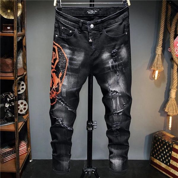 european style men plein brand jeans s slim denim trousers black straight skulls biker hole pants for296v, Blue
european style men plein brand jeans s slim denim trousers black straight skulls biker hole pants for296v, Blue
