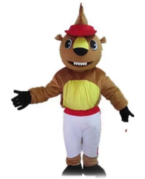 a squirrel mascot costume with red hat for to wear, Red;yellow 
a squirrel mascot costume with red hat for to wear, Red;yellow