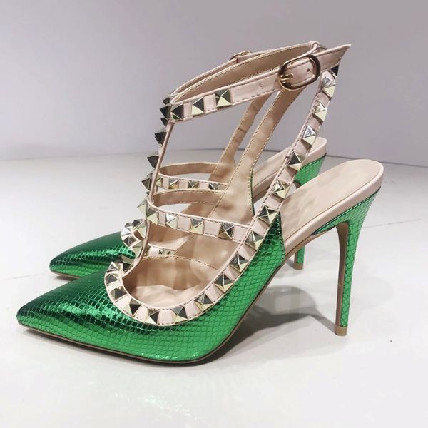green snakeskin high heels shoes new brand red bottoms rivets women pointy toe slingbacks stiletto pumps studs t-strap summer designer stile, Black
green snakeskin high heels shoes new brand red bottoms rivets women pointy toe slingbacks stiletto pumps studs t-strap summer designer stile, Black