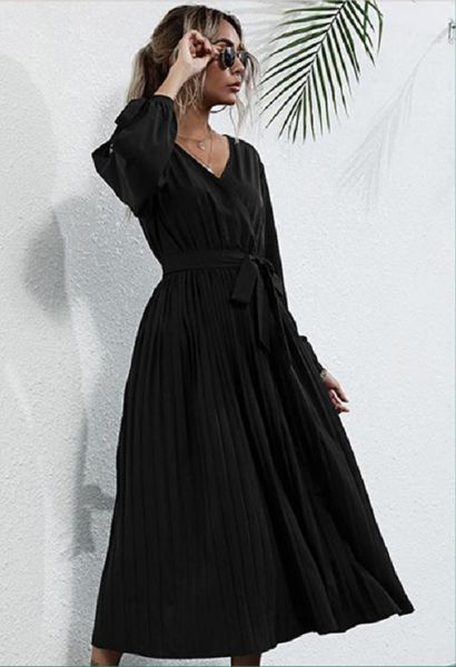 women dress autumn french long sleeve v neck hollow-out pleated long foreign trade, Black;gray
women dress autumn french long sleeve v neck hollow-out pleated long foreign trade, Black;gray