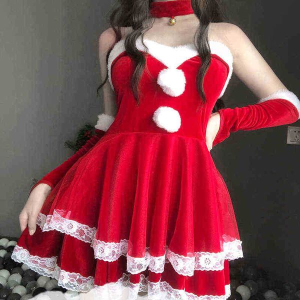 

stage wear cute bunny girl lace tube dress anime christmas santa claus cosplay come lolita rabbit maid uniform lingerie set drop ship t22090, Black;red