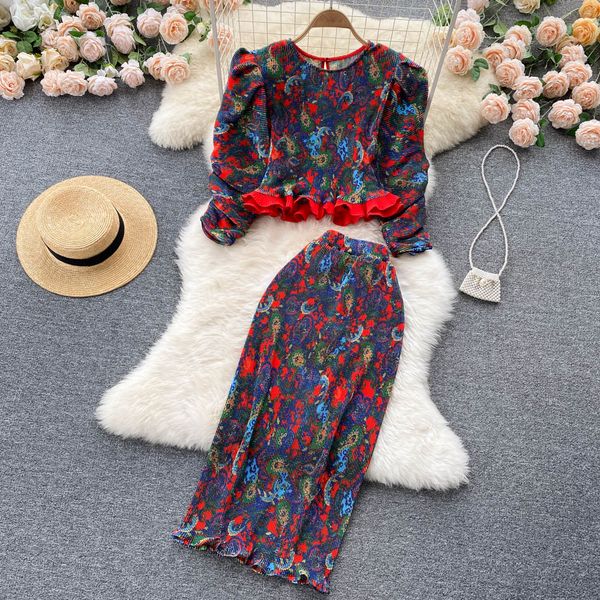 french vintage print two piece dress european and american ins wind lotus leaf short popular high waist split skirt, White
french vintage print two piece dress european and american ins wind lotus leaf short popular high waist split skirt, White