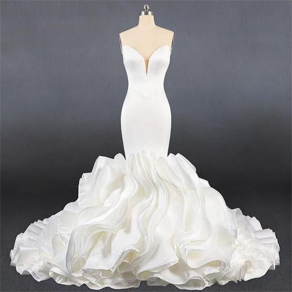 bridal satin sweetheart mermaid wedding dresses deep v neck fishtail lace-up corset ruffles organza bridal dress robes, White
bridal satin sweetheart mermaid wedding dresses deep v neck fishtail lace-up corset ruffles organza bridal dress robes, White