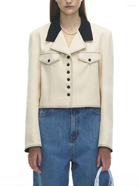women's single-breasted short blazer color stitching notched ladies elegant long sleeves office wear jacket, White;black
women's single-breasted short blazer color stitching notched ladies elegant long sleeves office wear jacket, White;black