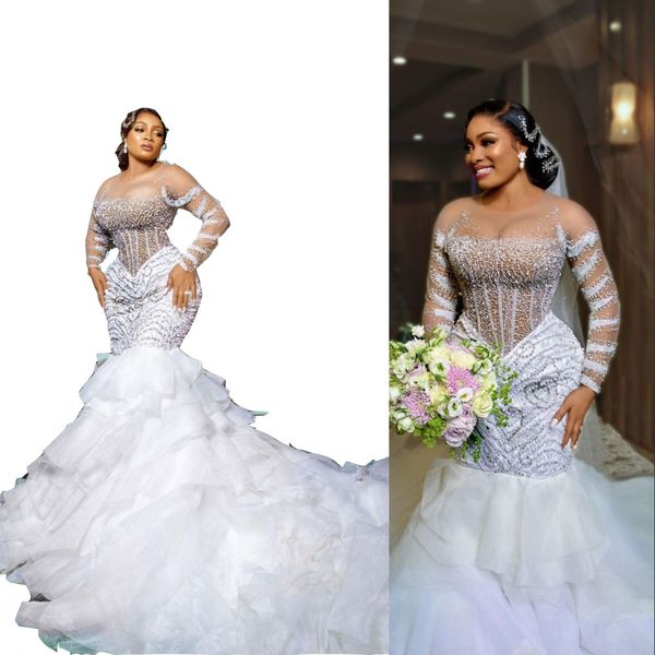 2023 luxury mermaid wedding dresses crystal beaded pearls african illusion neck ruffles tiered long sleeves lace appliques plus size custom, White
2023 luxury mermaid wedding dresses crystal beaded pearls african illusion neck ruffles tiered long sleeves lace appliques plus size custom, White