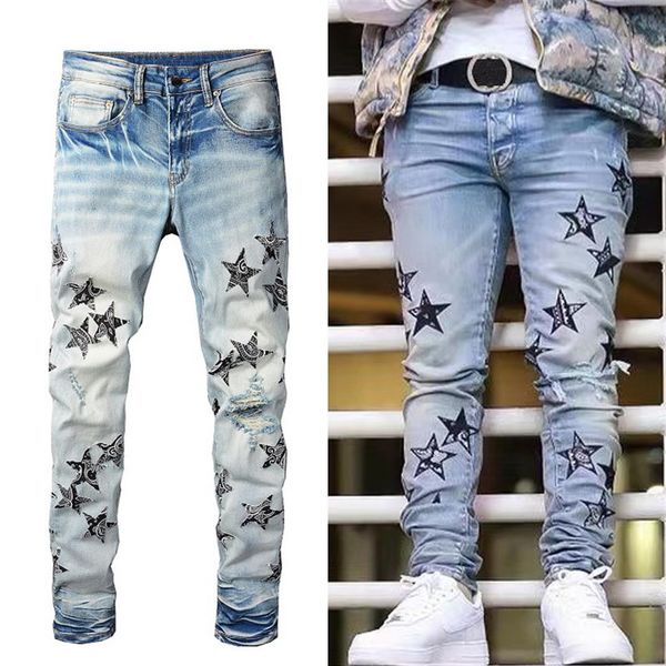embroidery stars patchwork distressed jeans mens fashion skinny fit denim pants popular trim fit248q, Blue
embroidery stars patchwork distressed jeans mens fashion skinny fit denim pants popular trim fit248q, Blue