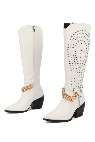 2022 lady leather martin boots 5cm square chunky heels knight rivets chains pattern women knee-high booties pillage toes long knee wedding s, Black
2022 lady leather martin boots 5cm square chunky heels knight rivets chains pattern women knee-high booties pillage toes long knee wedding s, Black