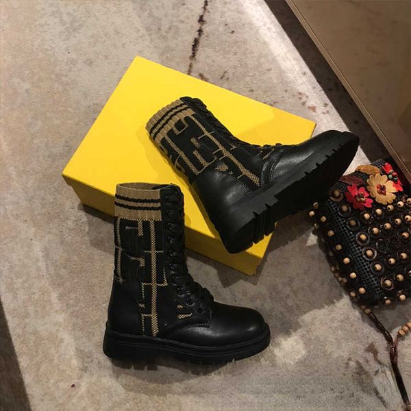 

gaoding shoes autumn winter new style cowhide splice knitted lace up elastic children's martin boots middle and large, Black