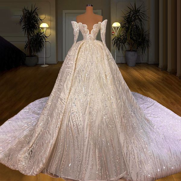 sparking luxury wedding dress v neck sequins long sleeves bridal gowns lace robe de mariee, White
sparking luxury wedding dress v neck sequins long sleeves bridal gowns lace robe de mariee, White