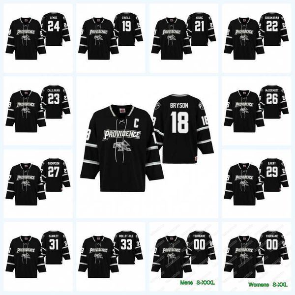 providence friars 18 jacob bryson 21 spenser young 23 michael callahan 26 john mcdermott 27 tyce thompson 31 hayden hawkey hockey jersey, Black