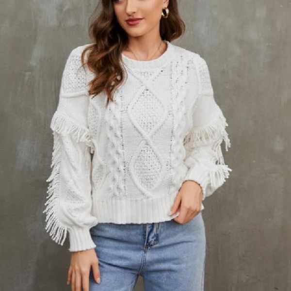 women's twist sweater autumn/winter crew neck pullover long-sleeved tassel knitwear, White;black
women's twist sweater autumn/winter crew neck pullover long-sleeved tassel knitwear, White;black