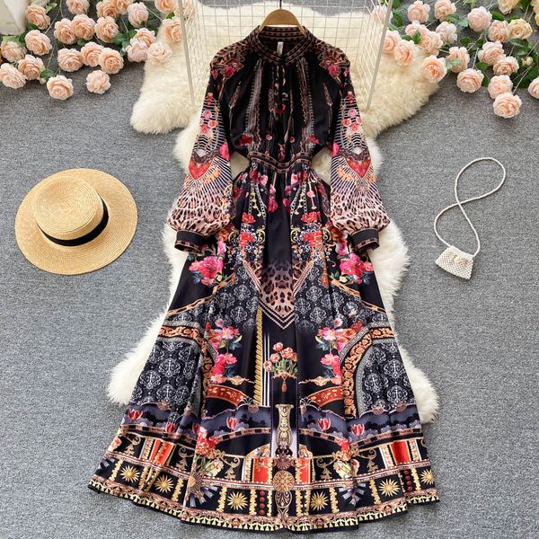 court style dress 2023 new autumn style small stand collar slim long vintage print elegant skirt, Black;gray
court style dress 2023 new autumn style small stand collar slim long vintage print elegant skirt, Black;gray