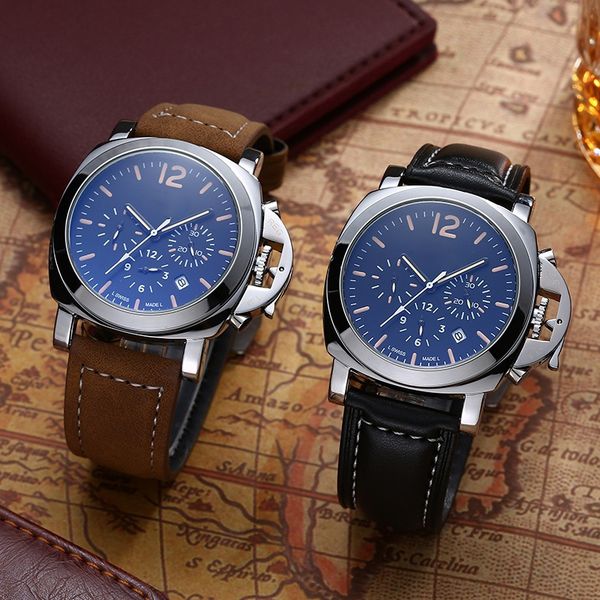 luxury brand men's business leisure watch multi-function 6-pin quartz movement luminous calendar leather watches, Slivery;brown
luxury brand men's business leisure watch multi-function 6-pin quartz movement luminous calendar leather watches, Slivery;brown