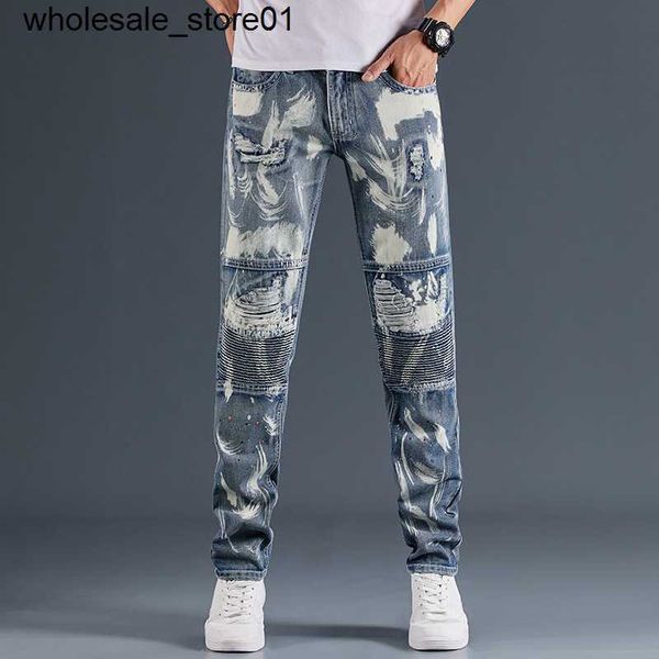 men's jeans designer amirs men's elastic denim leggings motorcycle hole jeans men fashion streetwear pants, Blue