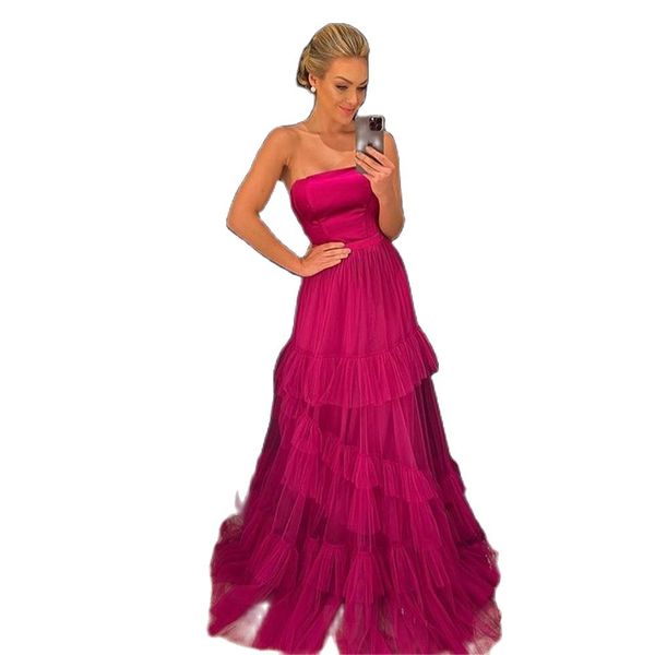 fuschia a line tulle long prom dresses strapless tiered floor length evening gowns vintage party occasion dress, Black
fuschia a line tulle long prom dresses strapless tiered floor length evening gowns vintage party occasion dress, Black