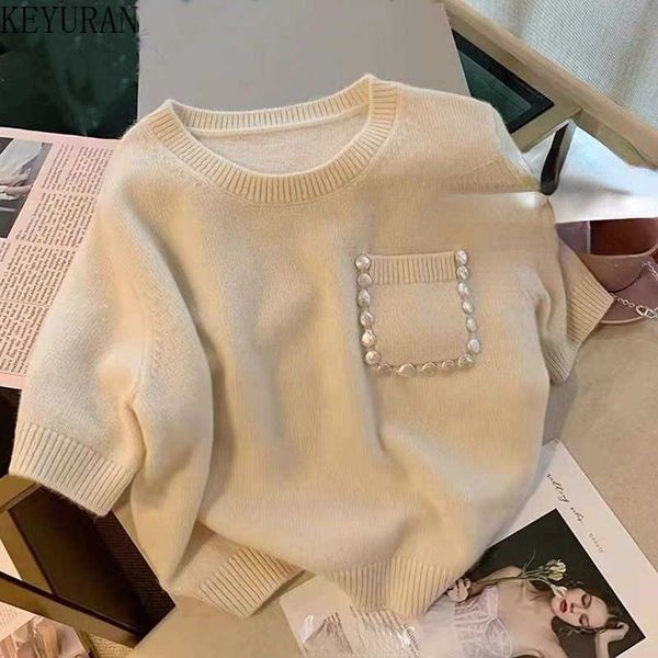 women's sweaters 2022 spring summer pocket short sleeve knitted women jumpers korean chic causal o-neck pullover knitwear female g2210, White;black
women's sweaters 2022 spring summer pocket short sleeve knitted women jumpers korean chic causal o-neck pullover knitwear female g2210, White;black