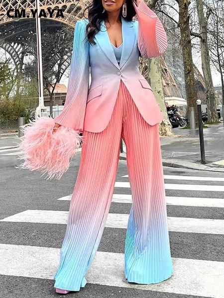 women's suits blazers cm.yaya elegant gradient printed blazer suit for women pleated loose wide leg pants set chic ins two 2 piece sets, White;black
women's suits blazers cm.yaya elegant gradient printed blazer suit for women pleated loose wide leg pants set chic ins two 2 piece sets, White;black