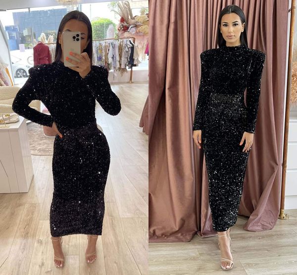 shiny sequins black formal prom dress tea length high neck long sleeves women evening party gown robes de soiree 2023
shiny sequins black formal prom dress tea length high neck long sleeves women evening party gown robes de soiree 2023