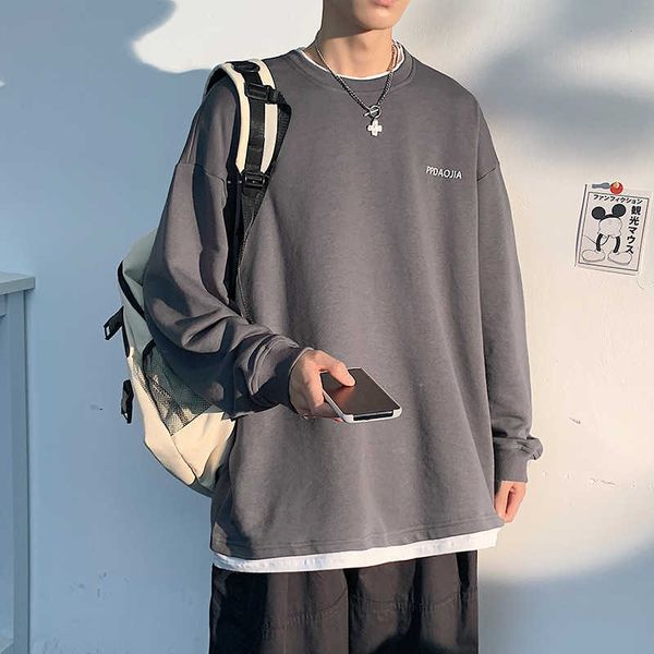 men's version sweater light and shadow white wall large casual round neck fake two-piece pullover style, Black
men's version sweater light and shadow white wall large casual round neck fake two-piece pullover style, Black