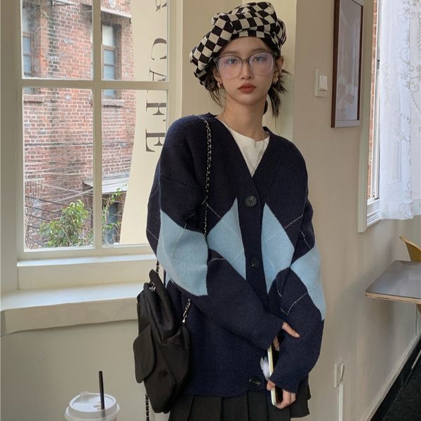 autumn and winter new korean ins was thin v collar british college style diamond cardigan sweater jacket women knitted sweater, White;black
autumn and winter new korean ins was thin v collar british college style diamond cardigan sweater jacket women knitted sweater, White;black