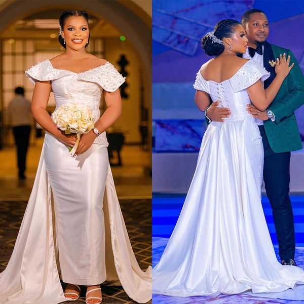 satin mermaid wedding dress pearls beading off shoulder short sleeve bridal gowns lace up back dubai bride dresses, White
satin mermaid wedding dress pearls beading off shoulder short sleeve bridal gowns lace up back dubai bride dresses, White