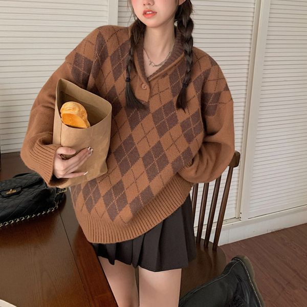 college style v-neck contrast diamond check sweater womens autumn winter loose pullover sweater fashion, White;black
college style v-neck contrast diamond check sweater womens autumn winter loose pullover sweater fashion, White;black