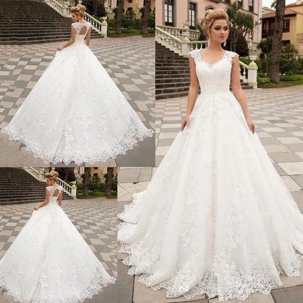 luxury lace bridal gowns appliques v-neck cap sleeve tulle lace up ball gown modest wedding dresses vestido de noiva, White
luxury lace bridal gowns appliques v-neck cap sleeve tulle lace up ball gown modest wedding dresses vestido de noiva, White