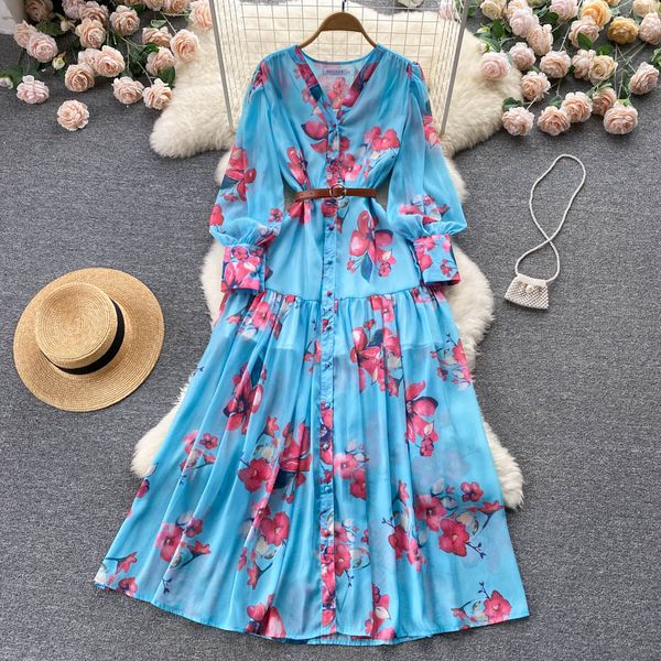 new french long printed dress goddess style v-neck single breasted thin waist super fairy skirt, Black;gray
new french long printed dress goddess style v-neck single breasted thin waist super fairy skirt, Black;gray