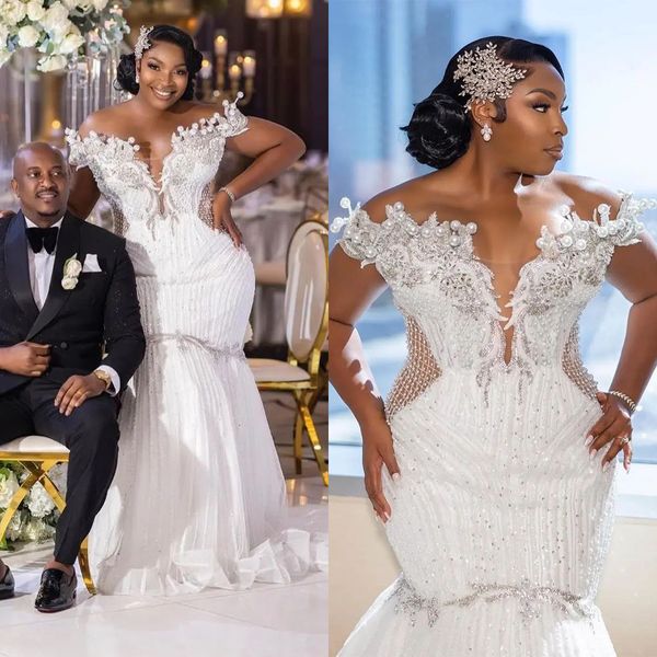 plus size mermaid wedding dress saudi arabic big pearls beading off shoulder short sleeve wedding gowns, White
plus size mermaid wedding dress saudi arabic big pearls beading off shoulder short sleeve wedding gowns, White