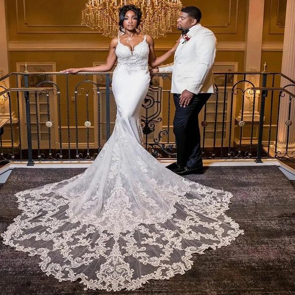 stunning mermaid lace wedding dresses beaded bridal gowns spaghetti strap v neckline appliqued sweep train vestido de novia, White
stunning mermaid lace wedding dresses beaded bridal gowns spaghetti strap v neckline appliqued sweep train vestido de novia, White