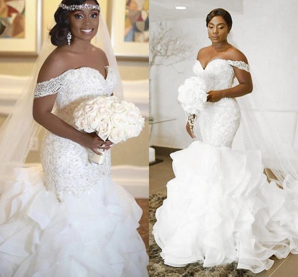 ruffle organza mermaid wedding dress lace beads pearls off-the-shoulder trumpet bridal gown custom made 2023 robe de mariage, White
ruffle organza mermaid wedding dress lace beads pearls off-the-shoulder trumpet bridal gown custom made 2023 robe de mariage, White