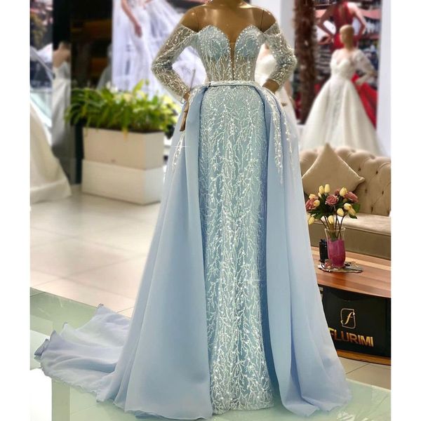 light sky blue mermaid prom dresses with detachable train off the shoulder beaded evening wear formal party gowns, Black
light sky blue mermaid prom dresses with detachable train off the shoulder beaded evening wear formal party gowns, Black