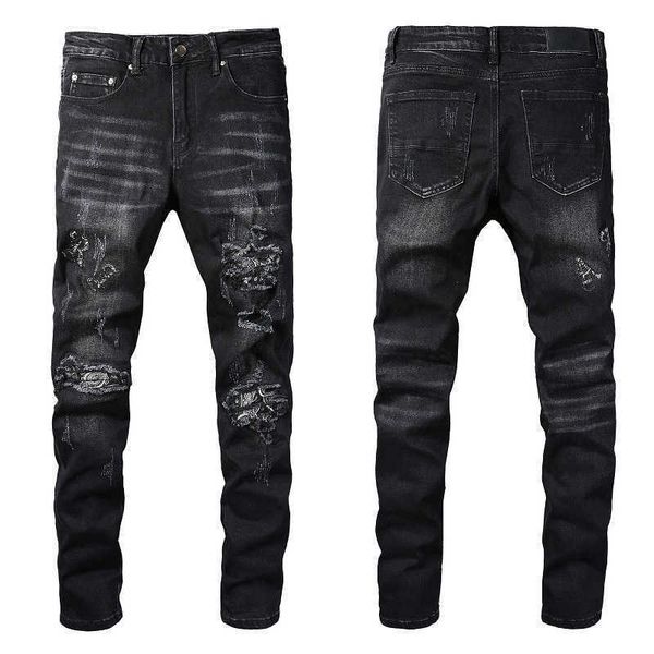 designer mens ripped street y2k embroidery letters perforated patch stretch black jeans 829 skinny low waist scratch cross mid purple blue