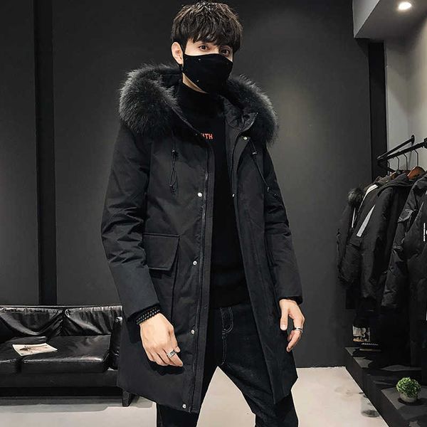winter men's white duck down jacket medium and long fashion hooded thickened work clothes, Black
winter men's white duck down jacket medium and long fashion hooded thickened work clothes, Black