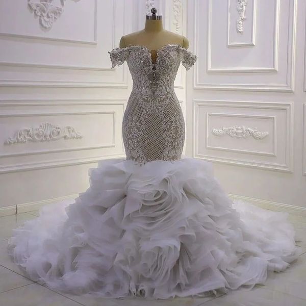 gorgeous mermaid lace wedding dresses appliqued bridal gowns beaded tiered train off the shoulder neckline sweep train vestido de novia, White
gorgeous mermaid lace wedding dresses appliqued bridal gowns beaded tiered train off the shoulder neckline sweep train vestido de novia, White