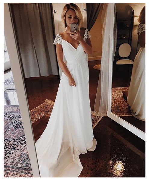 cap sleeves wedding dress v neck chiffon appliques backless beach bridal dress wedding gowns, White
cap sleeves wedding dress v neck chiffon appliques backless beach bridal dress wedding gowns, White