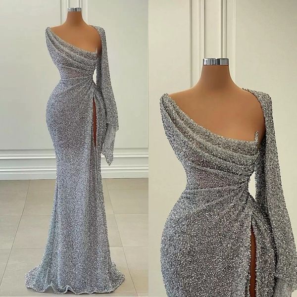 2023 sparkly silver sequins prom dresses strapless high split one shoulder sleeve custom made evening gown formal occasion wear vestidos plu, Black 
2023 sparkly silver sequins prom dresses strapless high split one shoulder sleeve custom made evening gown formal occasion wear vestidos plu, Black