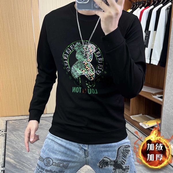 autumn and winter sweater men's plush thickened round neck long sleeved fashion trend top, Black