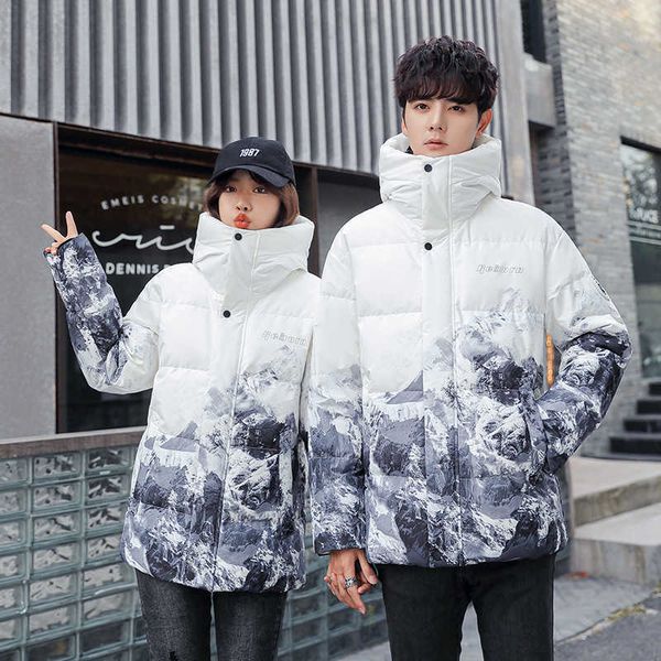 winter new style couple men's short gradual change snow mountain white duck down hooded fashion handsome thickened coat, Black
winter new style couple men's short gradual change snow mountain white duck down hooded fashion handsome thickened coat, Black