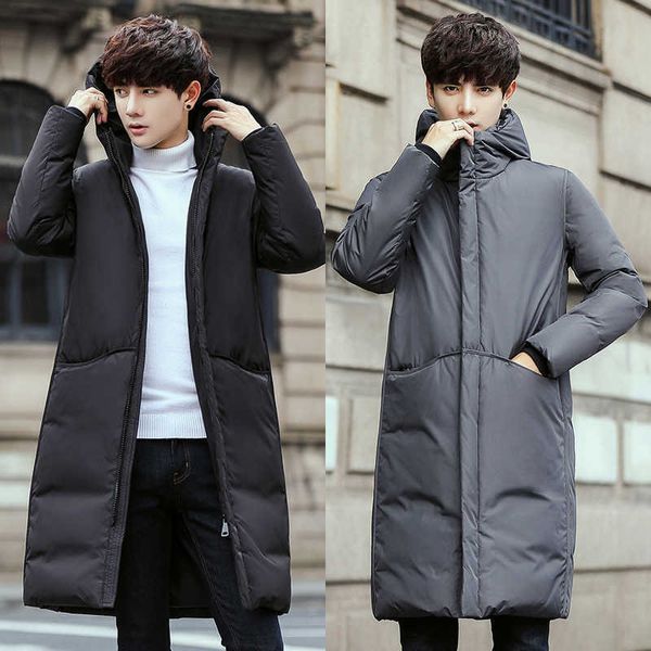winter long plush thickened 2022 down jacket for men slim fitting hooded men's coat trend, Black
