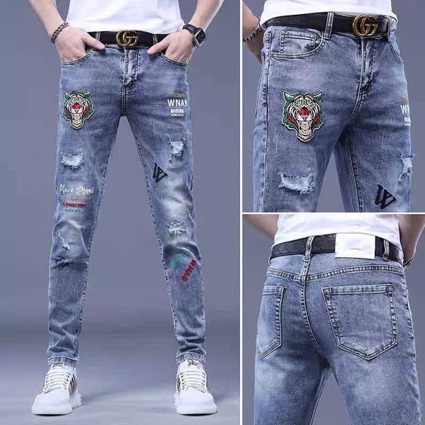 men's fashion jeans new style broken hole embroidery casual versatile elastic slim fitting pants in autumn, Blue
men's fashion jeans new style broken hole embroidery casual versatile elastic slim fitting pants in autumn, Blue