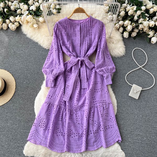 a line women's hollow out dress purple lace up slim elegant dress vestido temperament sweet korea chic summer 2023, Black;gray
a line women's hollow out dress purple lace up slim elegant dress vestido temperament sweet korea chic summer 2023, Black;gray