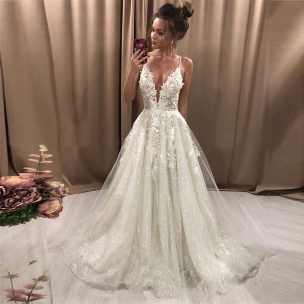 new collection boho wedding dresses spaghetti straps glitter sparkle bride gowns with lace appliques backless vestidos, White
new collection boho wedding dresses spaghetti straps glitter sparkle bride gowns with lace appliques backless vestidos, White